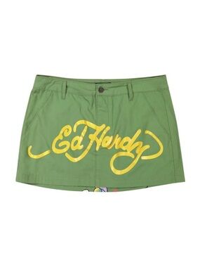 Ed Hardy Love Kills Slowly Olive Green Heart Skirt Medium EUC